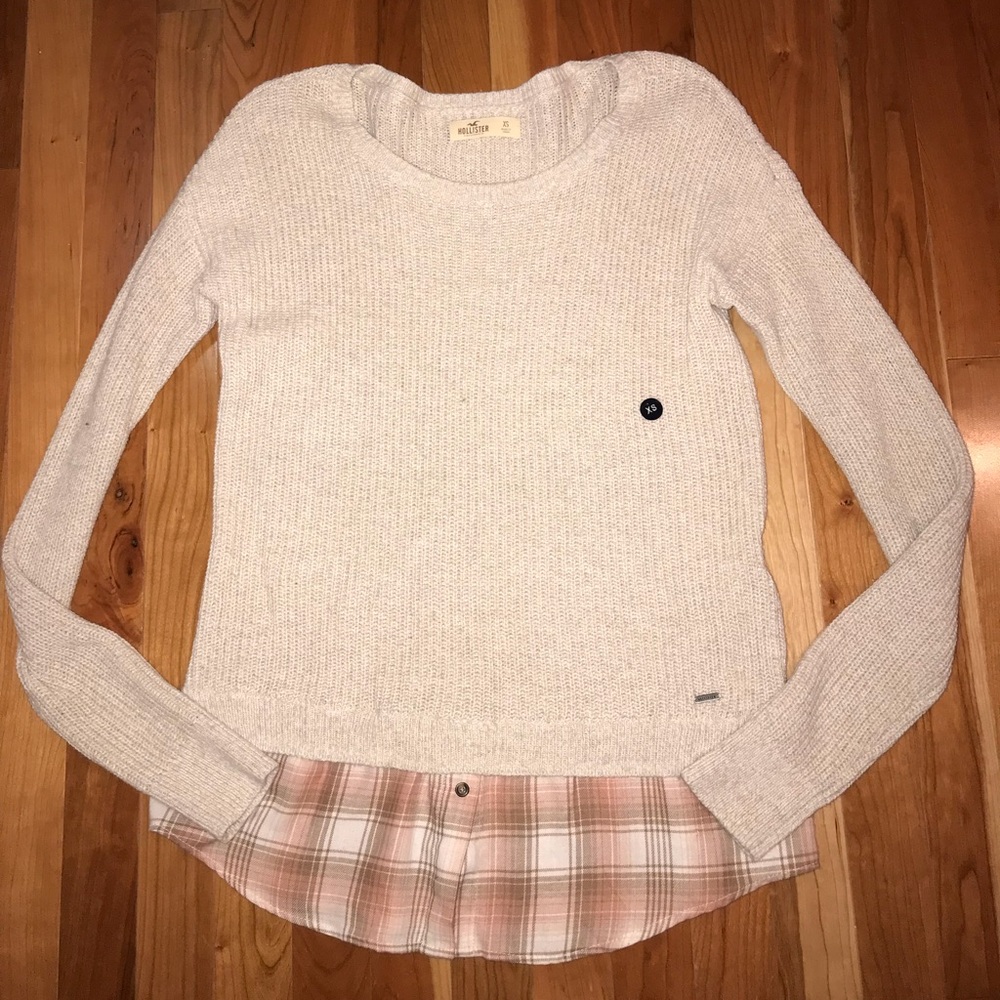 Tan Hollister sweater with stitched-in flannel